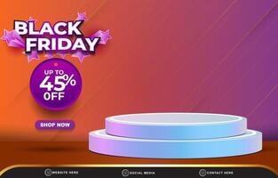 3d black friday discount template banner with blank space 3d podium for product sale with abstract gradient purple and orange background design vector