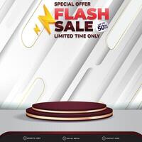 flash sale discount banner social media template post with blank space 3d podium for product with abstract white gradient background design vector
