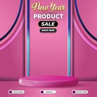 new year product sale discount social media template banner post with blank space 3d podium for product sale with abstract gradient pink background design vector