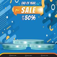 end of year sale banner social media template post with blank space 3d podium for product with abstract blue gradient background design vector