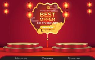 chinese new year best offer discount template banner with blank space 3d podium for product sale with abstract gradient red background design vector