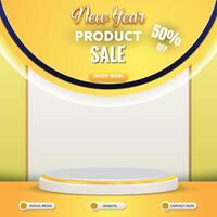 new year product sale discount social media template banner post with blank space 3d podium for product sale with abstract gradient yellow background design vector