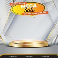 special offer mega sale banner social media template post with blank space 3d podium for product with abstract white and golden gradient background design vector