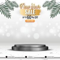 new year sale discount social media template banner post with blank space 3d podium for product sale with abstract gradient white and black background design vector