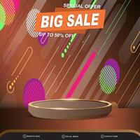 special big sale discount banner for social media template post with blank space 3d podium for product with abstract brown and colorful gradient background design vector