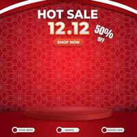 hot sale 12.12 of december social media template banner post with blank space 3d podium for product sale with abstract gradient red background vector