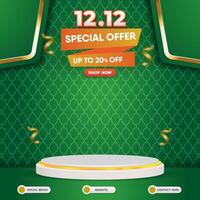 12.12 special offer discount social media template banner post with blank space 3d podium for product sale with abstract gradient green background design vector