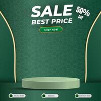best price sale social media template banner post with blank space 3d podium for product sale with abstract gradient green background design vector