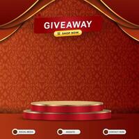 giveaway social media template banner post with blank space 3d podium for product sale with abstract gradient red and orange background design vector