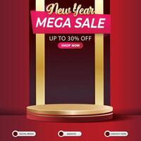 new year mega sale discount social media template banner post with blank space 3d podium for product sale with abstract gradient red background design vector