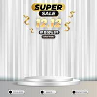 super sale 12.12 of december social media template banner post with blank space 3d podium for product sale with gradient white and grey background vector