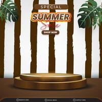 special summer sale discount square banner for social media post with blank space 3d podium for product sale with abstract gradient brown and white background design vector