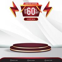 limited sale discount banner social media template post with blank space 3d podium for product with abstract white and red gradient background design vector