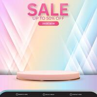 3d sale banner social media template post with blank space 3d podium for product with abstract pink and blue gradient background design vector