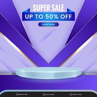 elegant super sale banner social media template post with blank space 3d podium for product with abstract blue and white gradient background design vector