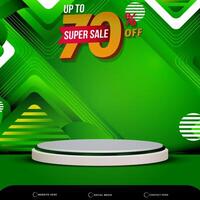 super sale discount banner social media template post with blank space 3d podium for product with abstract dark green gradient background design vector