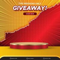 3d weekend giveaway banner social media template post with blank space 3d podium for product with abstract red and orange gradient background design vector