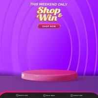 3d weekend shop banner social media template post with blank space 3d podium for product with abstract purple gradient background design vector