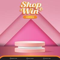 3d shop and win banner social media template post with blank space 3d podium for product with abstract pink gradient background design vector