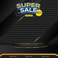 super sale banner social media template post with blank space 3d podium for product with abstract gradient black background vector