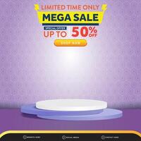 limited mega sale banner social media template post with blank space 3d podium for product with abstract purple gradient background design vector