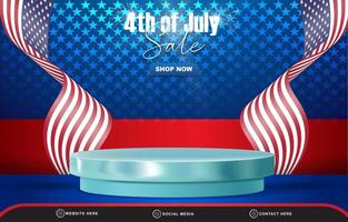 4th of july sale banner with 3d podium for sale with shiny abstract gradient blue and red background design vector