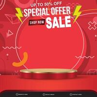 special offer sale discount banner social media template post with blank space 3d podium for product with abstract red gradient background design vector