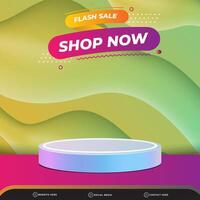 flash sale banner social media template post with blank space 3d podium for product with abstract yellow and green gradient background design vector