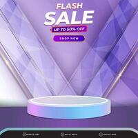 flash sale discount banner social media template post with blank space 3d podium for product with abstract purple gradient background design vector