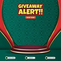 giveaway social media template banner post with blank space 3d podium for product sale with abstract gradient green and red background design vector