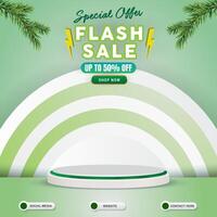 special offer flash sale discount social media template banner post with blank space 3d podium for product sale with abstract gradient green and white background design vector