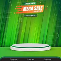special offer mega sale banner social media template post with blank space 3d podium for product with abstract green gradient background design vector