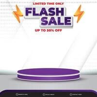 limited flash sale discount banner social media template post with blank space 3d podium for product with abstract white and purple gradient background design vector