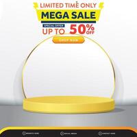 limited mega sale banner social media template post with blank space 3d podium for product with abstract white and golden gradient background vector