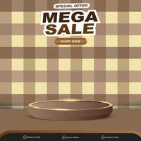 special offer mega sale discount banner for social media template post with blank space 3d podium for product with abstract brown gradient background design vector