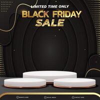 black friday sale banner social media template post with blank space 3d podium for product with abstract black and golden gradient background design vector