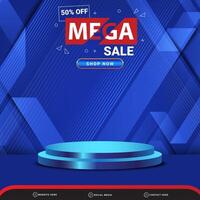 mega sale discount banner for social media template post with blank space 3d podium for product with abstract blue gradient background vector