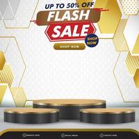 flash sale discount banner social media template post with blank space 3d podium for product with abstract white and golden gradient background design vector