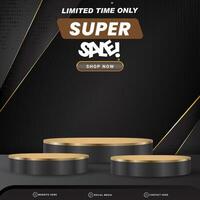 limited super sale banner social media template post with blank space 3d podium for product with abstract black gradient background design vector