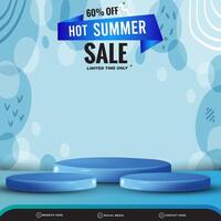 summer sale discount banner social media template post with blank space 3d podium for product with abstract blue gradient background design vector