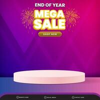 3d end of year mega sale banner social media template post with blank space 3d podium for product with abstract purple gradient background design vector
