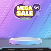 3d mega sale banner social media template post with blank space 3d podium for product with abstract blue and purple gradient background design vector