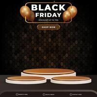 black friday discount sale banner social media template post with blank space 3d podium for product with abstract black and brown gradient background design vector