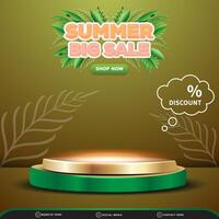 summer big sale square banner for social media post with blank space 3d podium for product sale with abstract gradient green and brown background design vector