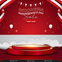 78th of august indonesian independence day sale square banner for social media post with 3d podium for sale with abstract gradient red and white background design5 vector