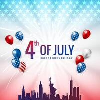 4th of july american independence day square banner with city illustration and abstract gradient blue white and red background design vector