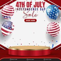 4th of july american independence day sale square banner with 3d podium for sale and abstract gradient red and white background design vector