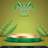 summer sale square banner for social media post with blank space 3d podium for product with abstract gradient green and yellow background design vector
