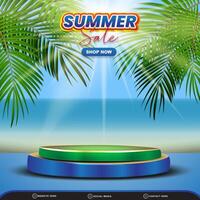 summer sale discount square banner for social media post with blank space 3d podium for product sale with abstract gradient blue and green background design vector