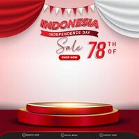 78th of august indonesian independence day sale square banner for social media post with 3d podium for sale with abstract gradient red and white background design vector